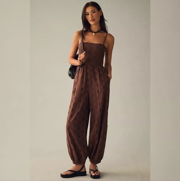 By Anthropologie Balloon Leg Brown Smocked Detail Jumpsuit